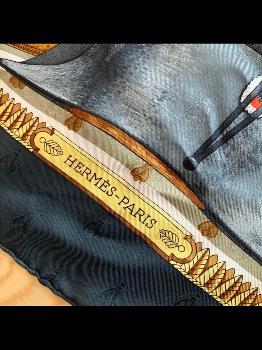 Hermes Navy, Red, Green and Gold Napoleon Motif Silk Scarf
